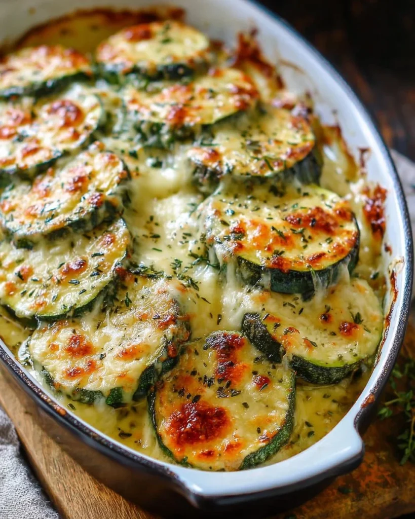 Delicious baked zucchini cheese topped with melted cheese and herbs