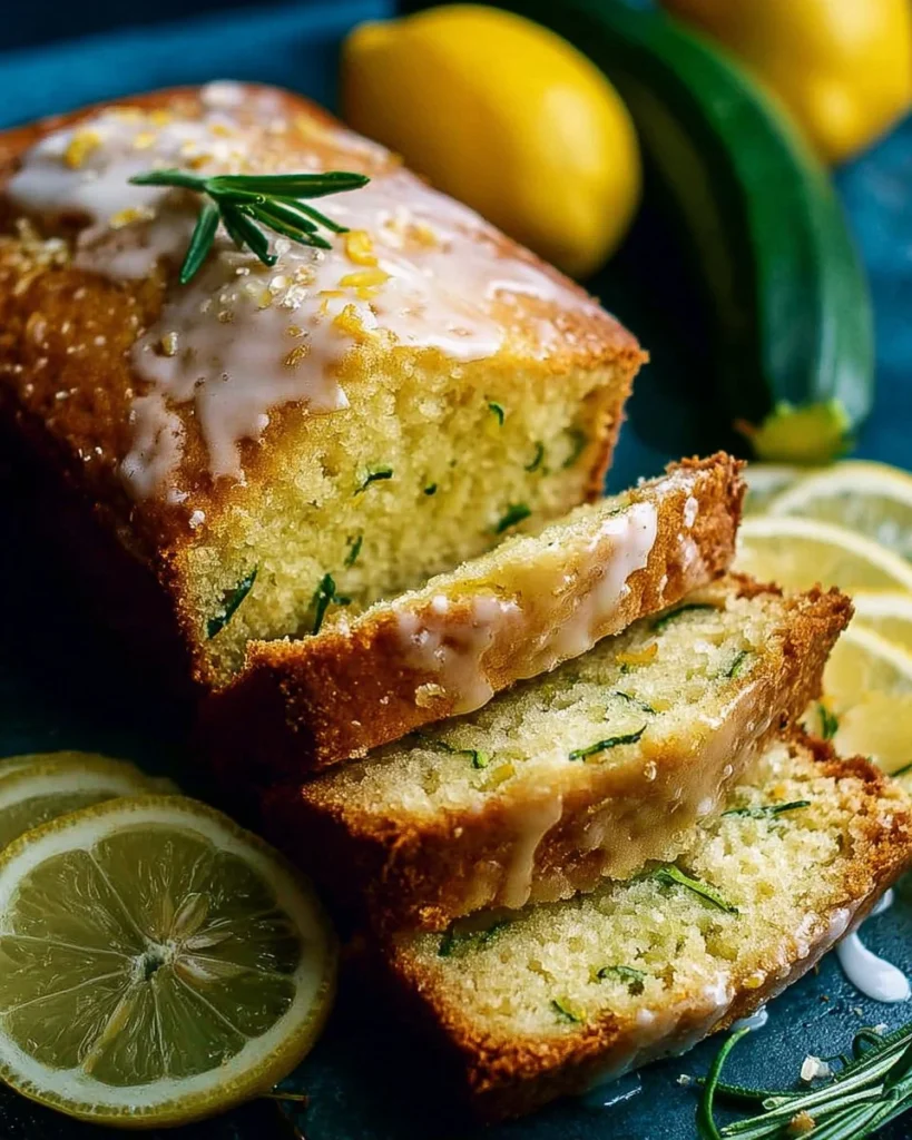 A loaf of moist lemon zucchini bread with slices cut on a wooden board.