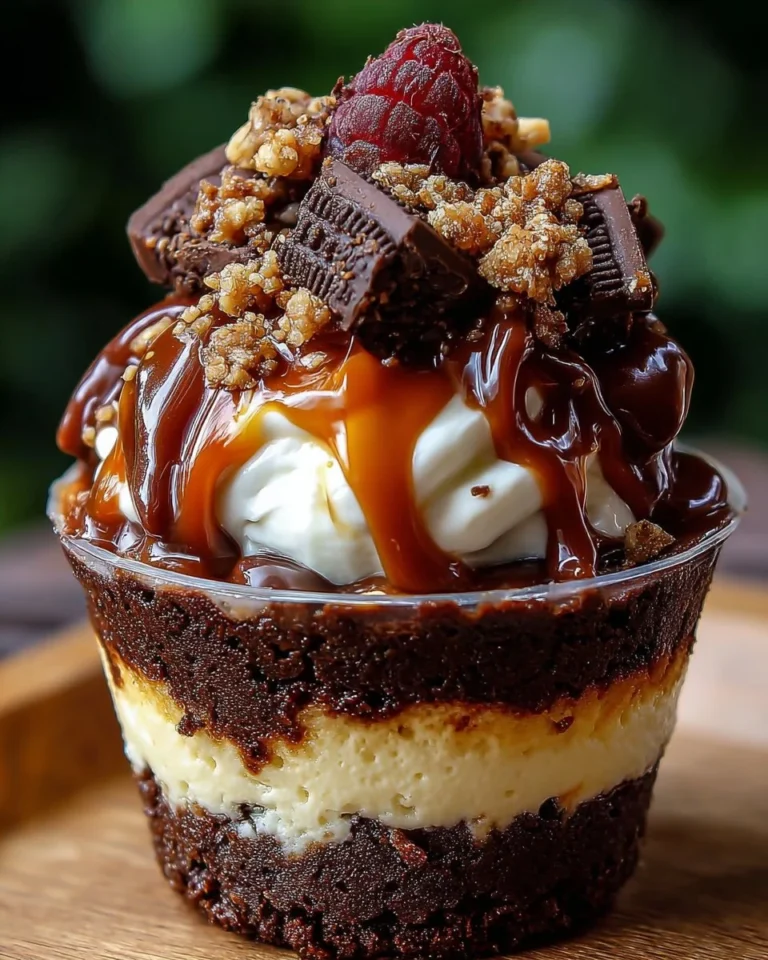 Delicious Loaded Brownie Cheesecake Cup topped with chocolate and whipped cream