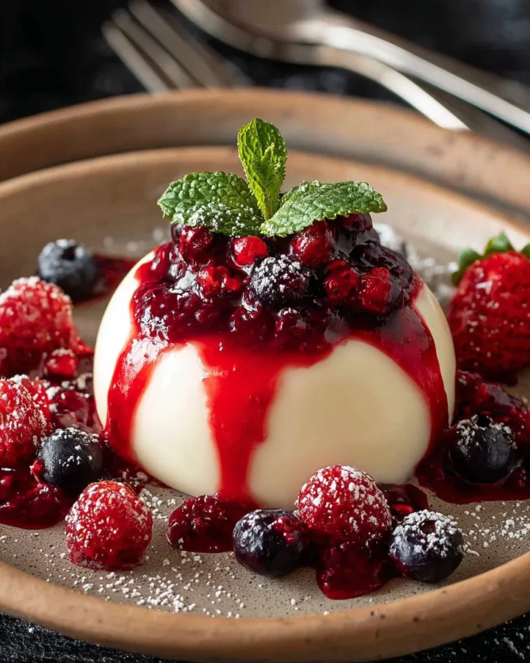 Panna cotta dessert with fresh berry sauce drizzle