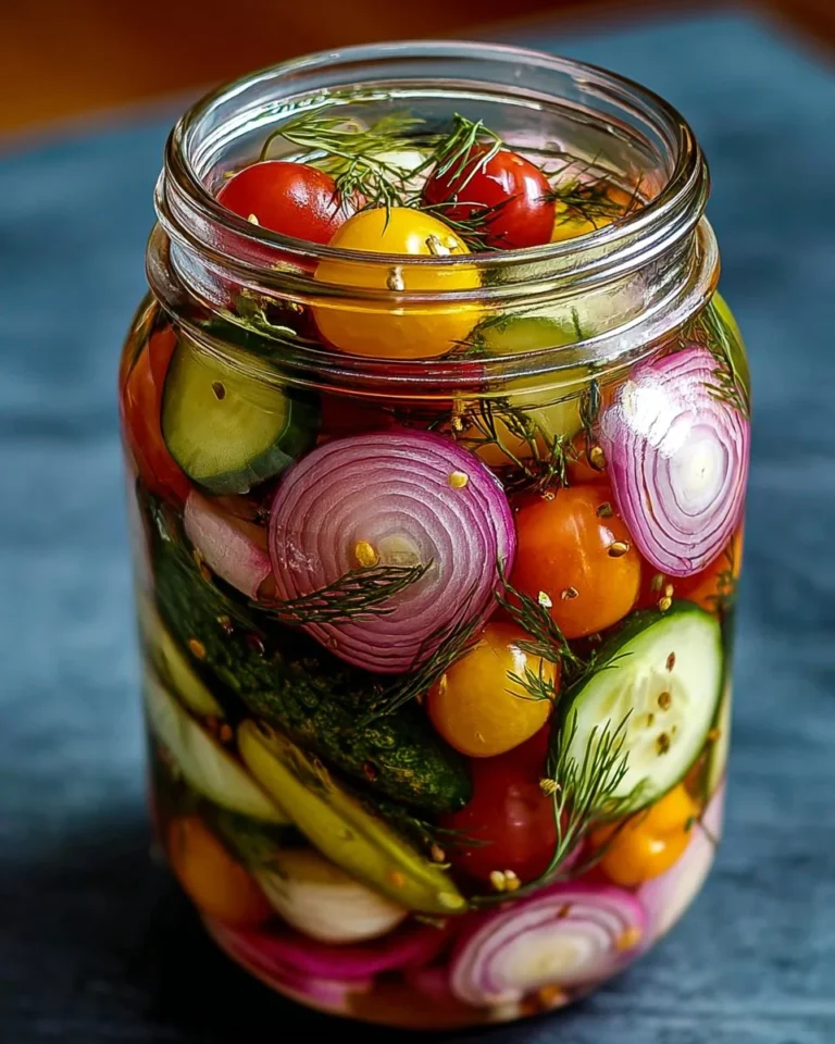 Colorful array of quick pickled garden vegetables in jars