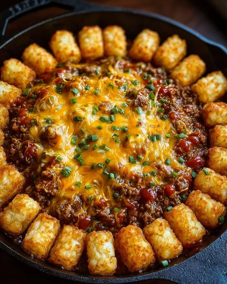 Tater Tot Sloppy Joe Skillet with melted cheese and ground beef