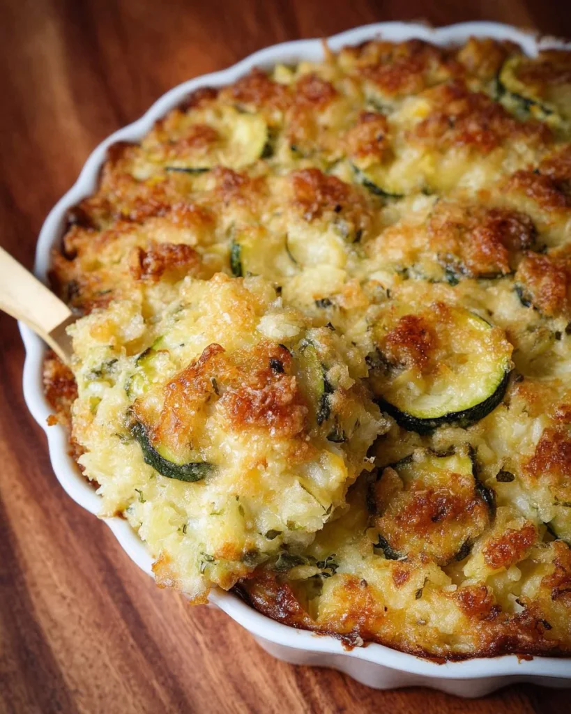 Delicious zucchini casserole served in a baking dish with cheese and herbs.