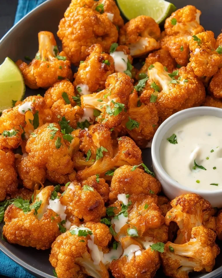 Air Fryer Buffalo Cauliflower dish served on a plate with dipping sauce