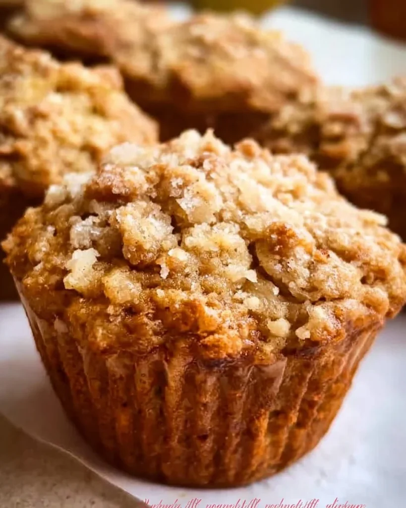 Freshly baked Apple Cinnamon Oat Muffins on a wooden table