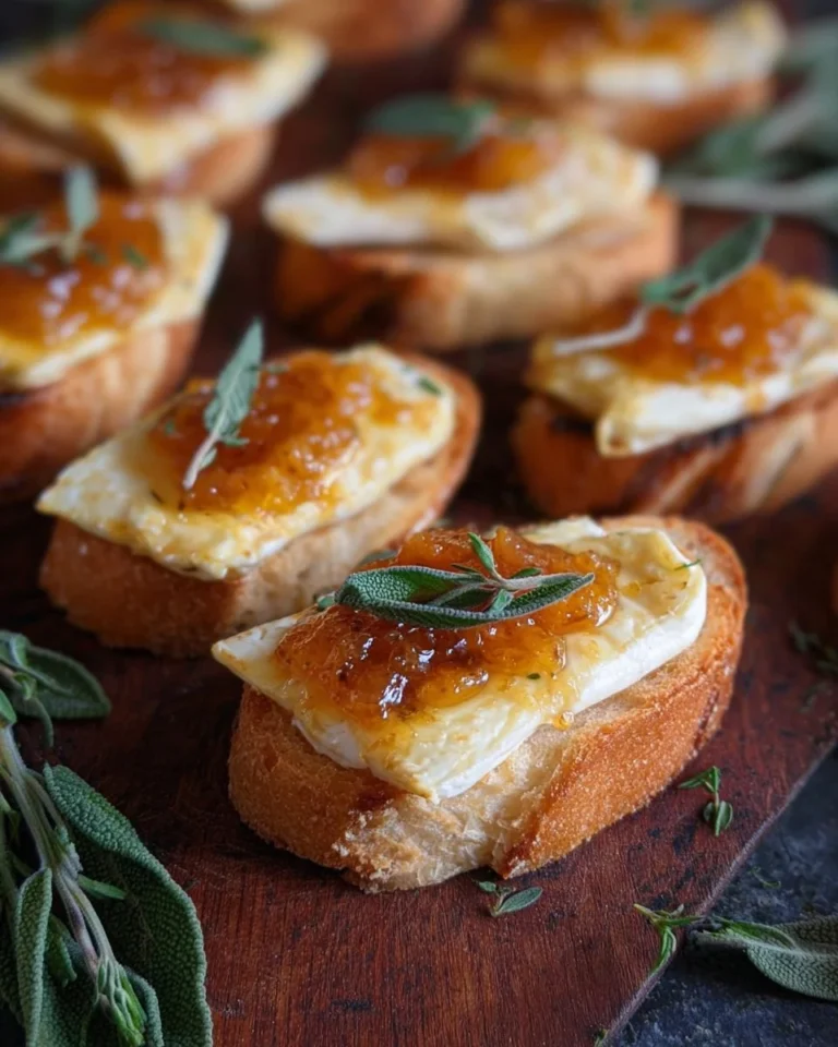 Baked Brie Crostini topped with pumpkin butter on a wooden serving board