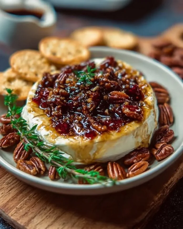 Baked Brie with Fig Jam and Pecans served on a platter