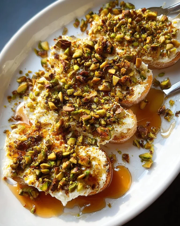 Boursin appetizer topped with pistachios and honey on a serving platter.