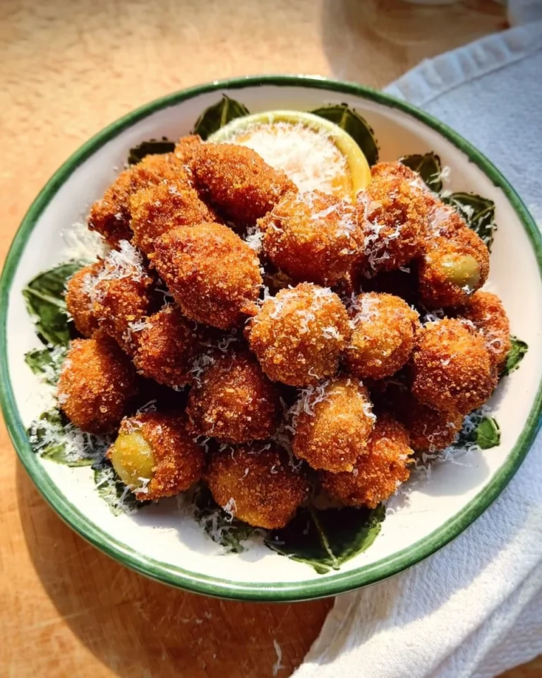 Plate of cheese stuffed fried olives served as a delicious appetizer