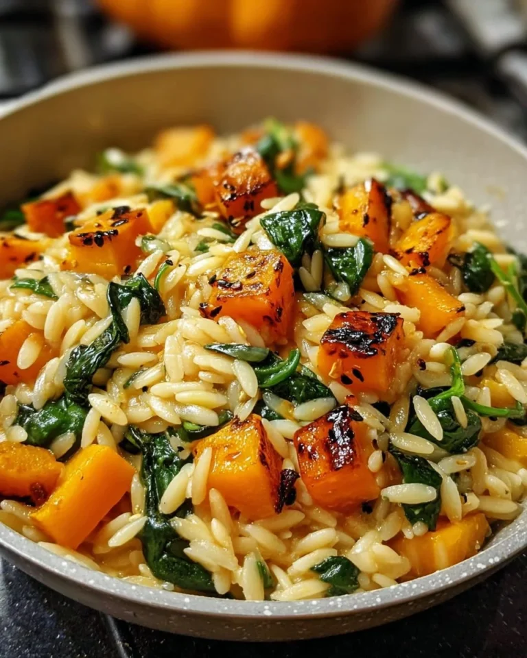 Creamy orzo with roasted butternut squash and fresh spinach served in a bowl