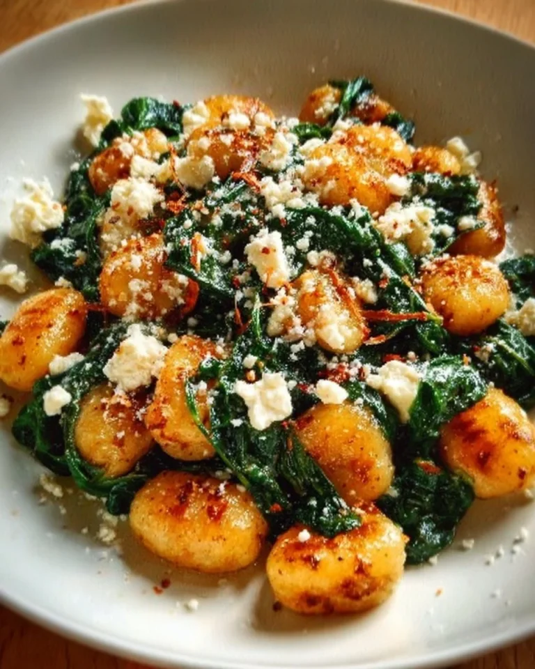 Plate of crispy gnocchi with spinach and feta cheese garnished with herbs.