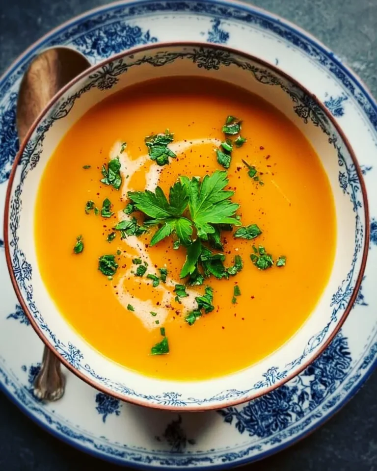 Bowl of creamy butternut squash and sweet potato soup garnished with herbs