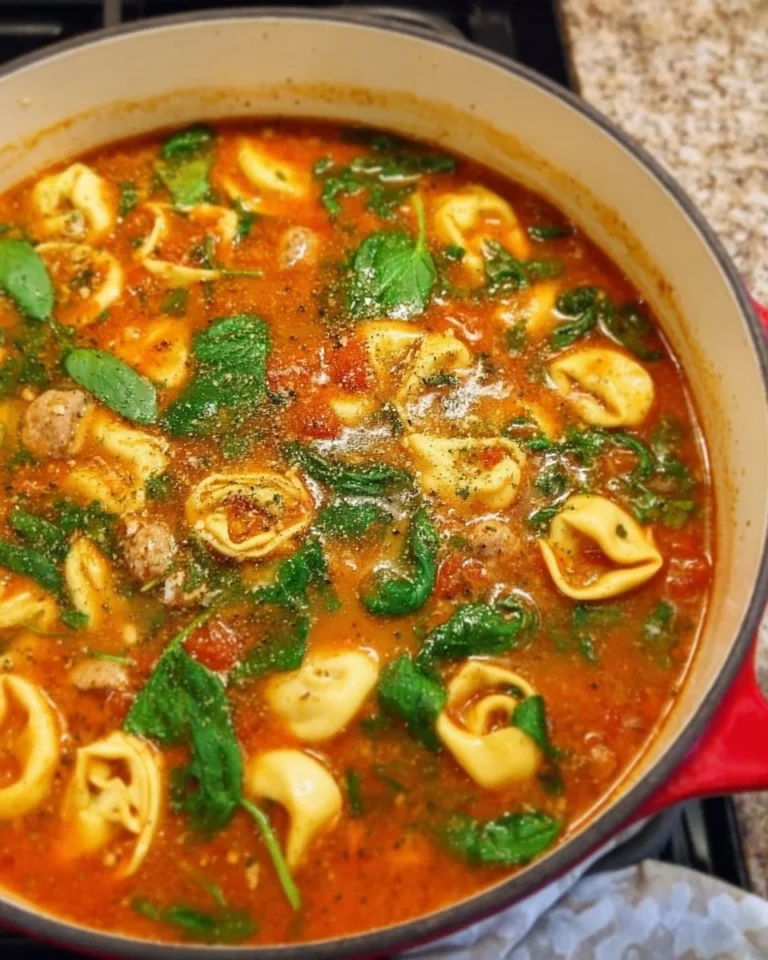 Bowl of Easy Sausage Spinach Tortellini Soup with spinach and sausage