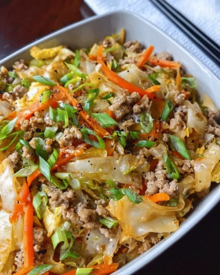Egg Roll in a Bowl featuring cabbage, carrots, and savory pork in a vibrant dish