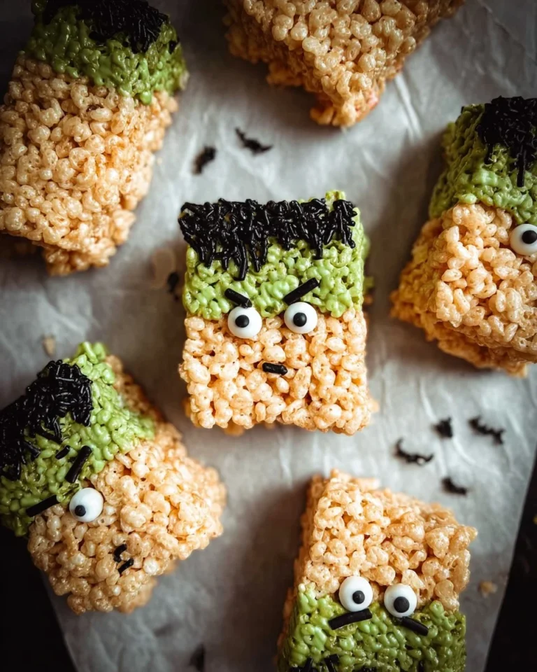 Frankenstein Halloween Rice Krispie Treats decorated with chocolate and candy eyes