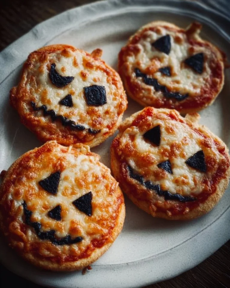 Spooky Halloween mini pizzas decorated with festive toppings