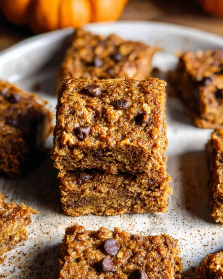 Healthy pumpkin oatmeal bars displayed on a rustic wooden table.