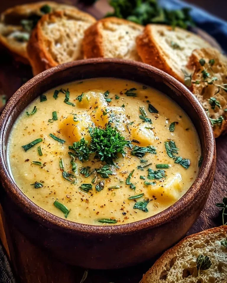 Bowl of hearty cheddar garlic herb potato soup garnished with herbs