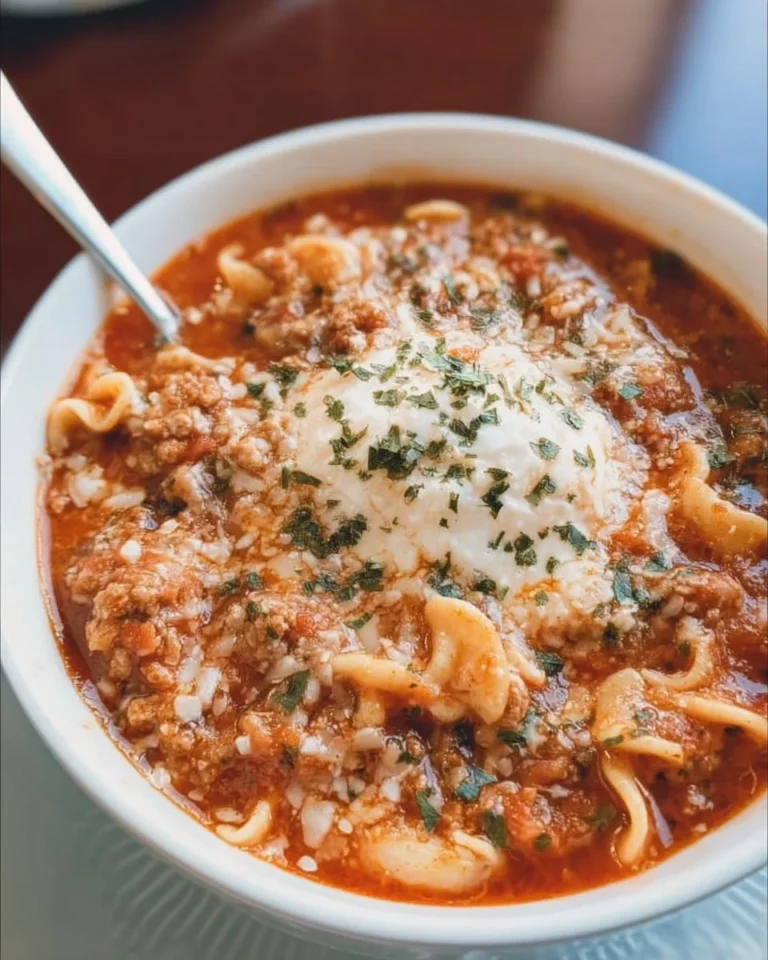 High protein lasagna soup in a bowl with toppings