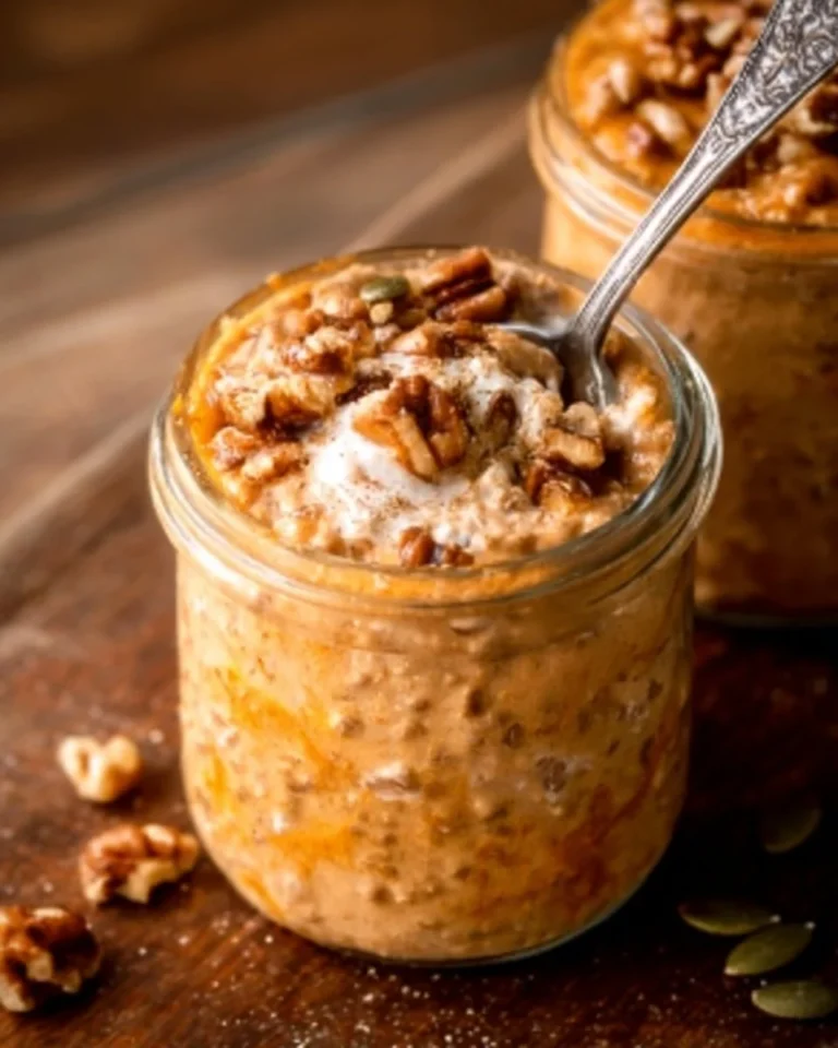 Bowl of high protein pumpkin overnight oats topped with nuts and seeds