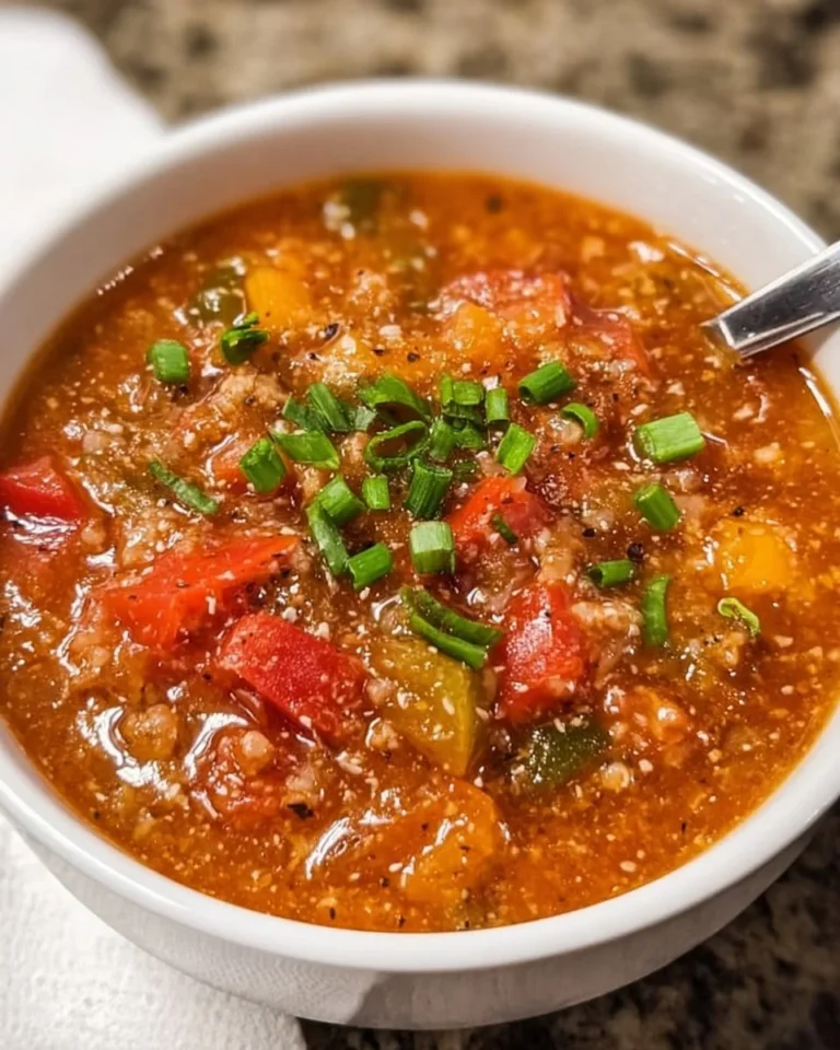 High protein stuffed pepper soup in a bowl, garnished with herbs