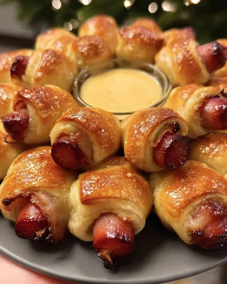 Plate of festive Holiday Pigs in a Blanket appetizers