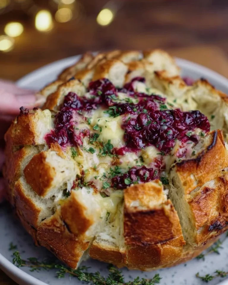 Pull apart baked cranberry brie bread bowl with melted cheese and cranberry sauce