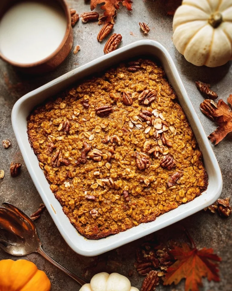 Delicious pumpkin baked oatmeal topped with nuts and spices in a cozy dish.