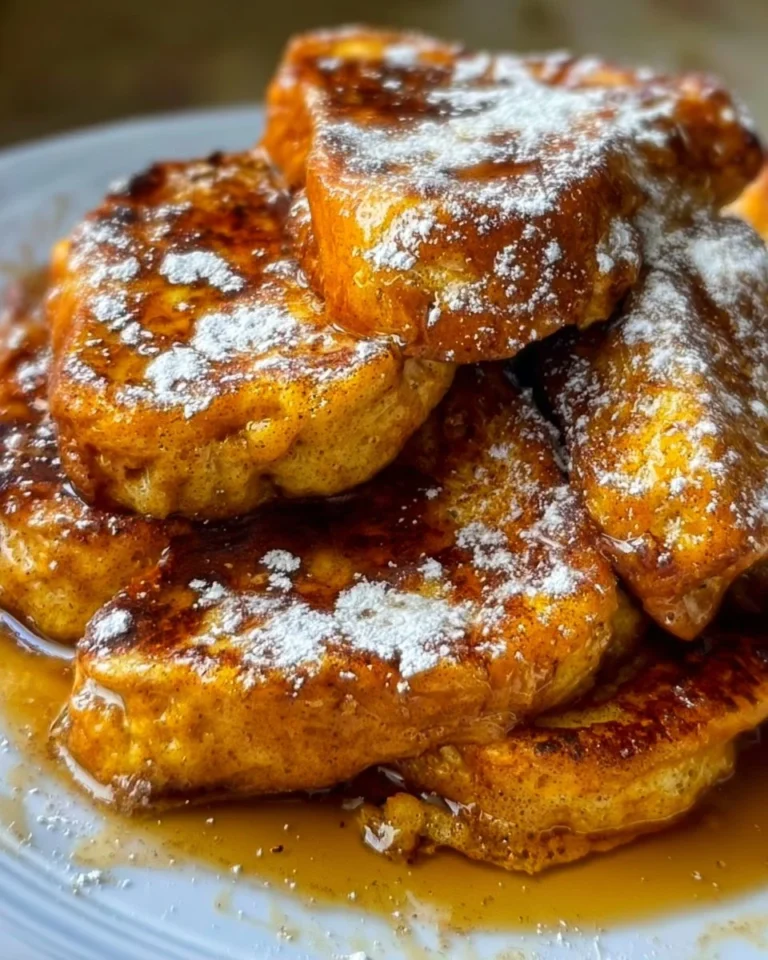 A plate of Pumpkin French Toast topped with maple syrup and powdered sugar.
