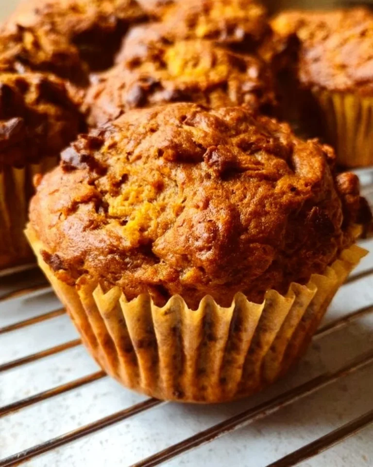 A stack of homemade pumpkin protein muffins on a wooden table