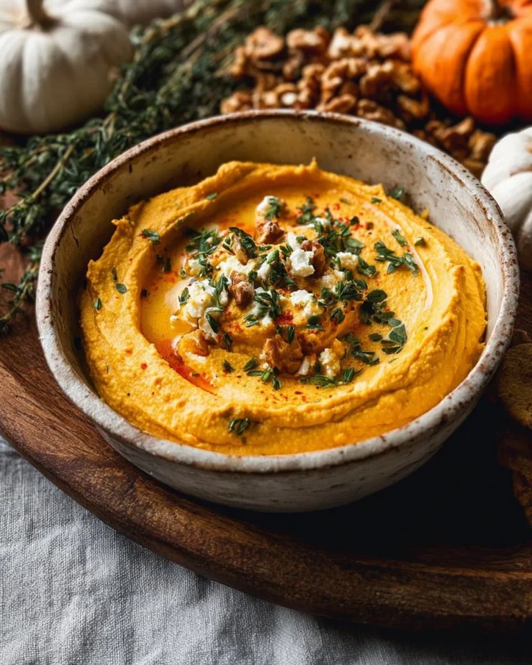 Creamy pumpkin whipped feta dip served in a bowl with crackers