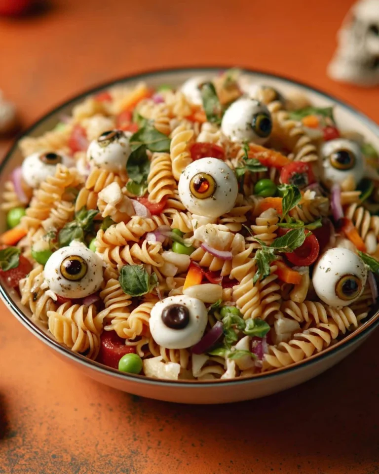 Creepy eyeball pasta salad with mozzarella eyeballs in a festive serving bowl