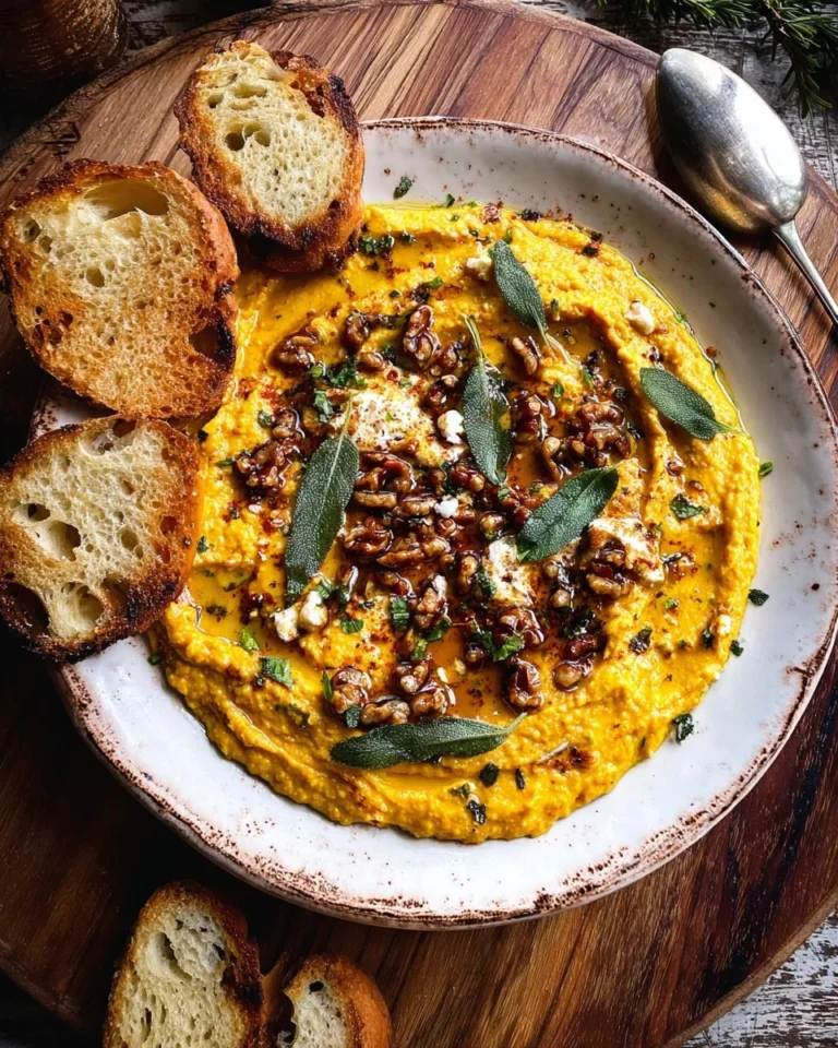 Creamy roasted honeynut squash feta dip served in a bowl with herbs and crackers.