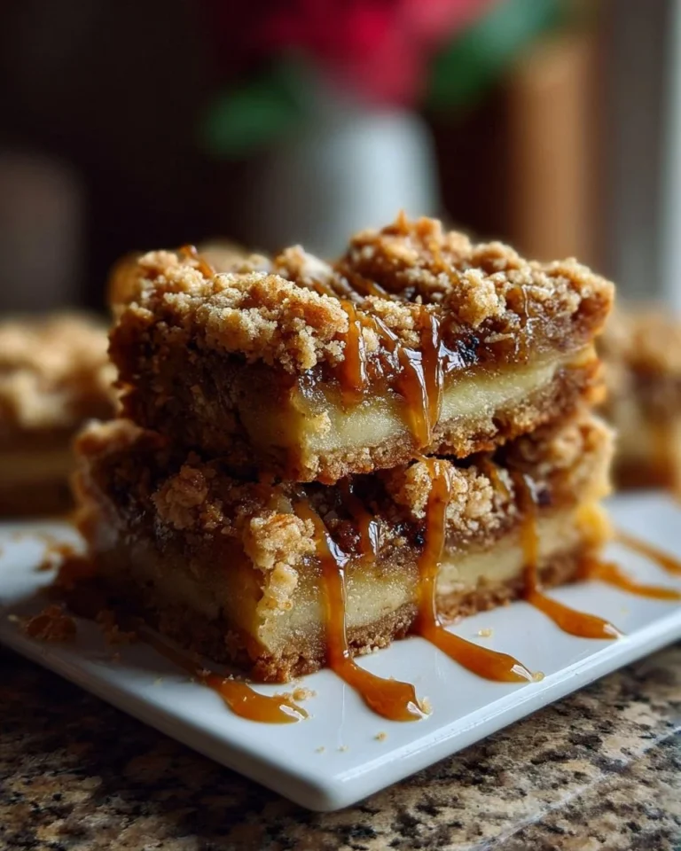 Delicious salted caramel apple crumble bars served on a plate.