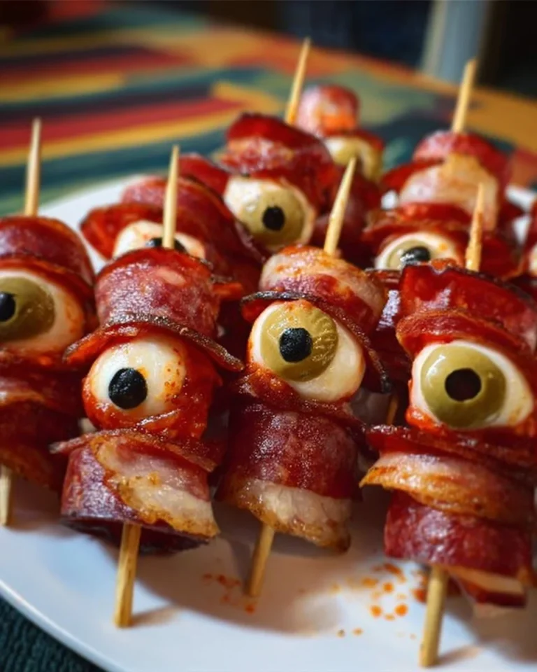 Skewered salami eyeballs appetizer for Halloween party