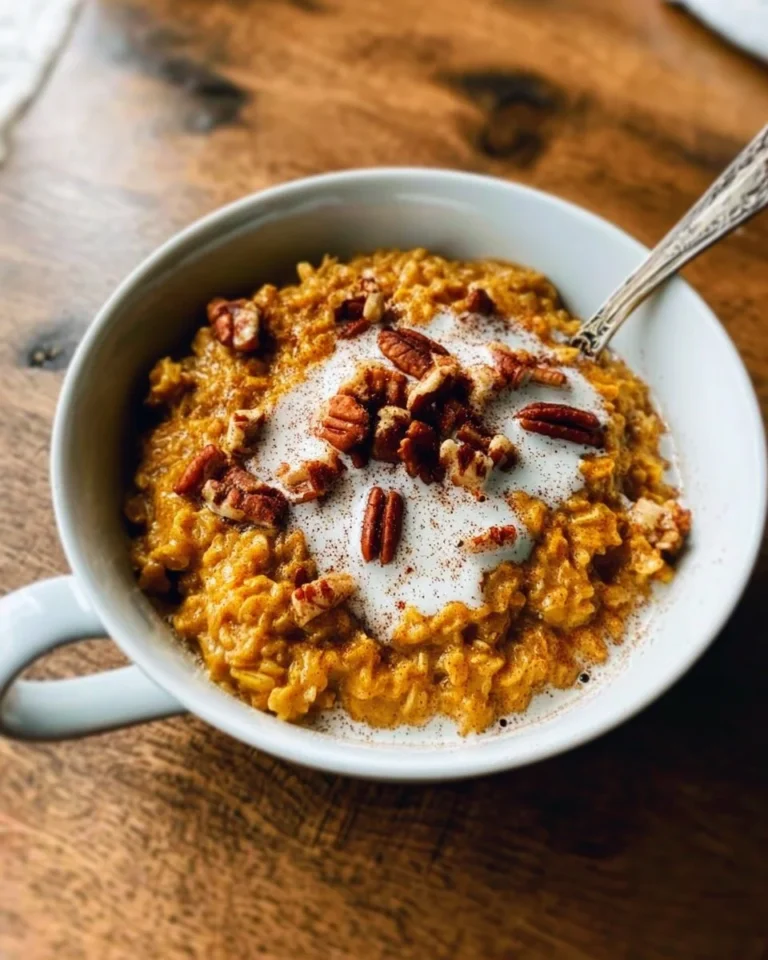 Bowl of Slow Cooker Pumpkin Pie Oatmeal topped with spices and pumpkin seeds