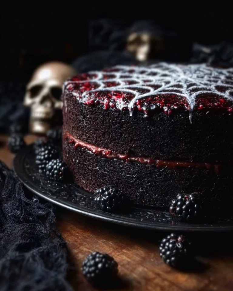 Spooky Black Velvet Halloween Cake decorated with creepy designs and dark frosting.