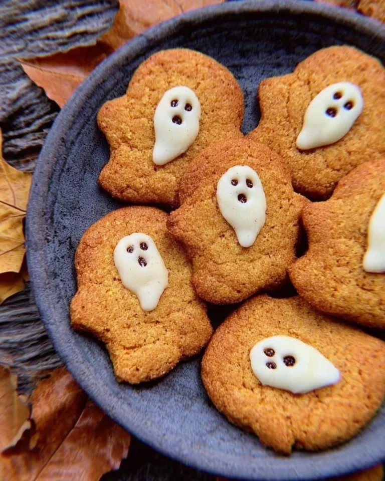 Spooky ghost brown butter pumpkin cookies decorated for Halloween