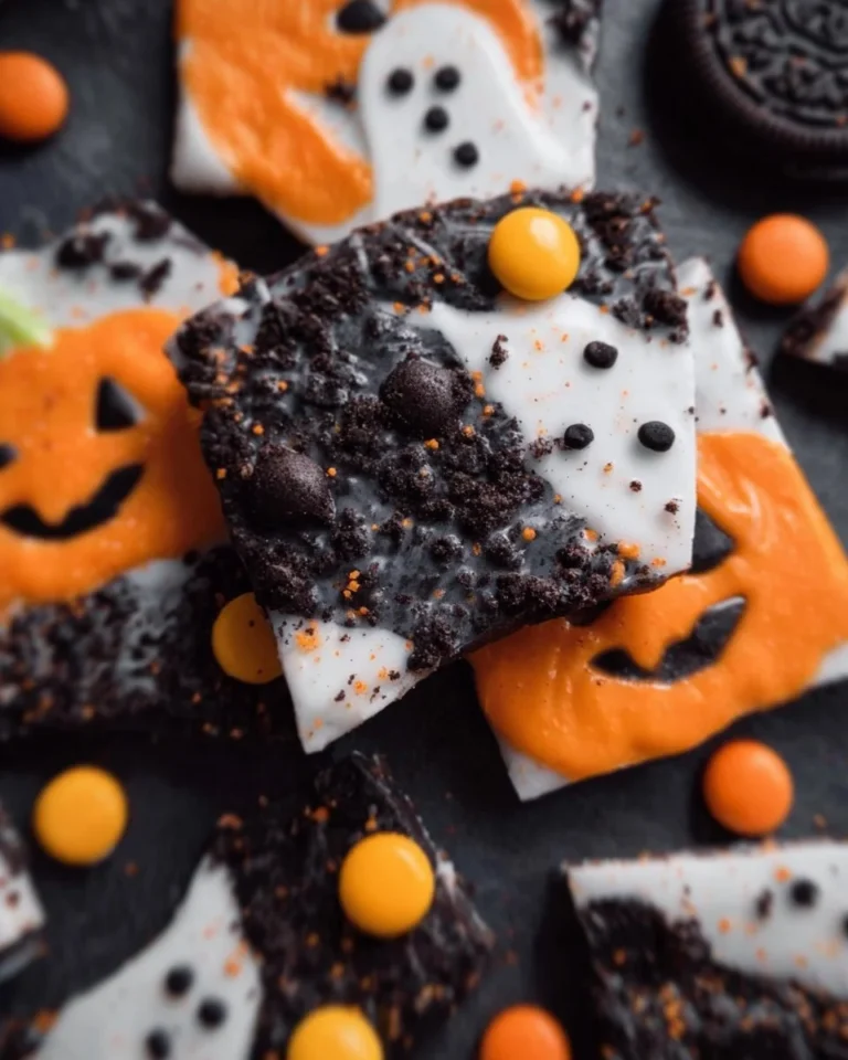 Spooky Halloween Oreo Bark with crushed Oreos and colorful chocolate drizzle