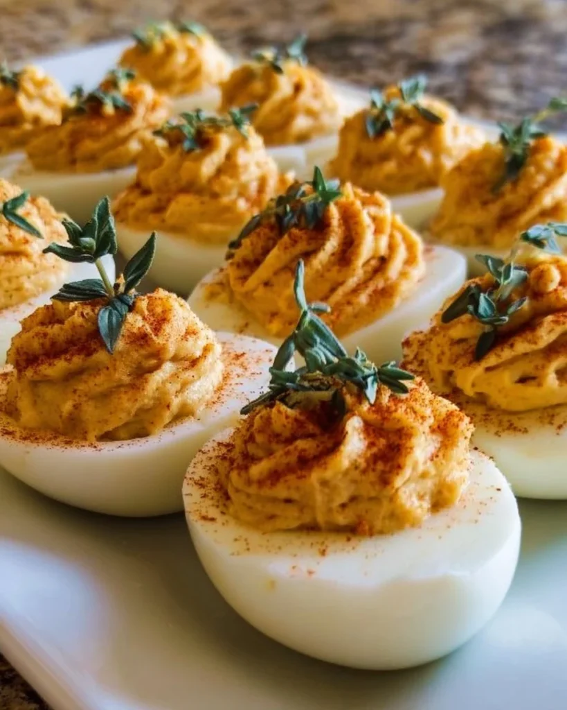 Thanksgiving deviled eggs served on a platter with garnishes.