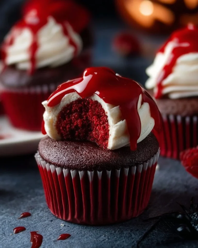 Vampire Bite Halloween Cupcakes with gooey filling and spooky decorations