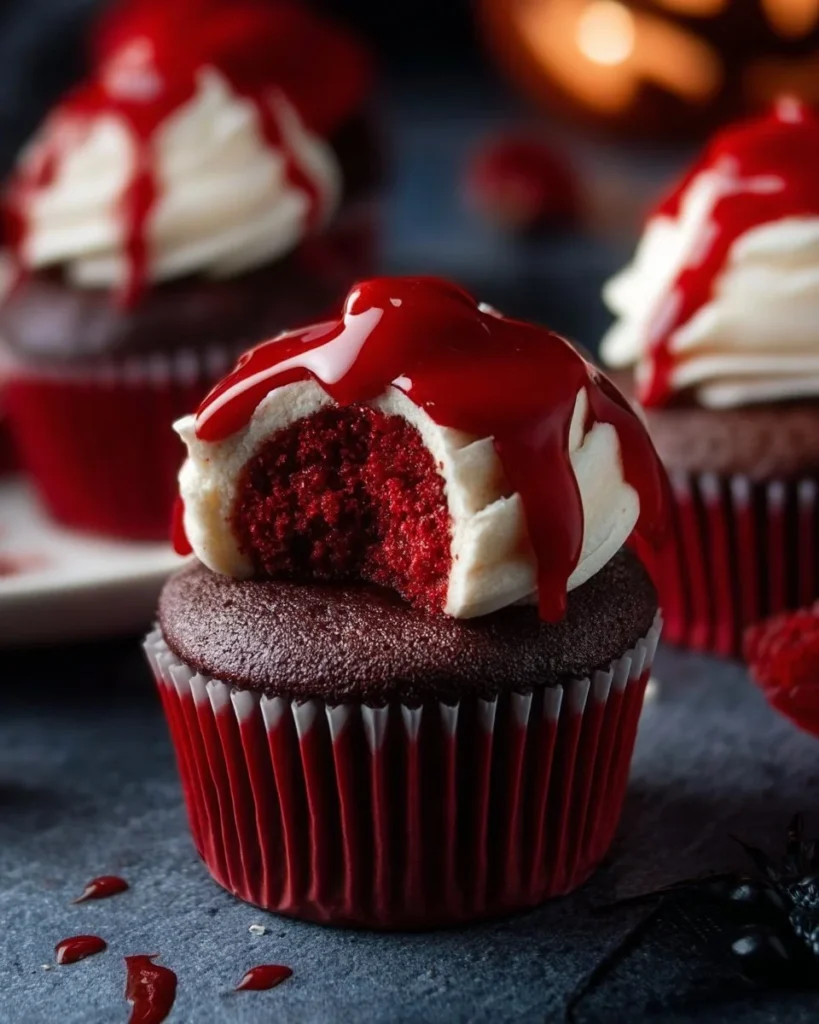 Vampire Bite Halloween Cupcakes with gooey filling and spooky decorations