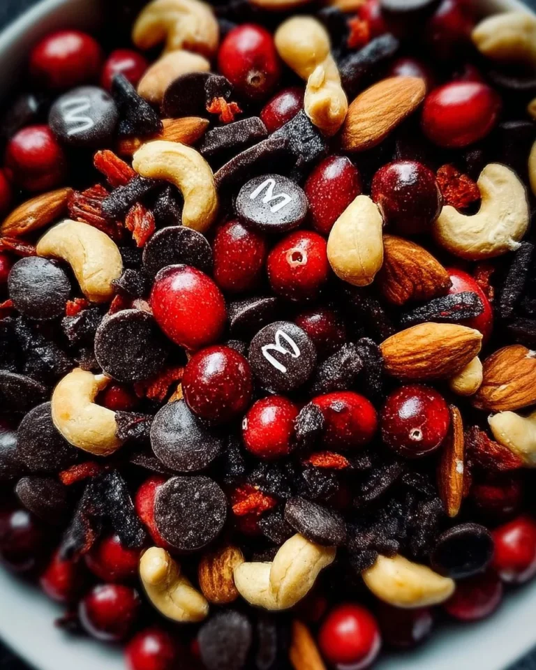 Vampire Bite Trail Mix with nuts, dried fruit, and dark chocolate in a festive bowl