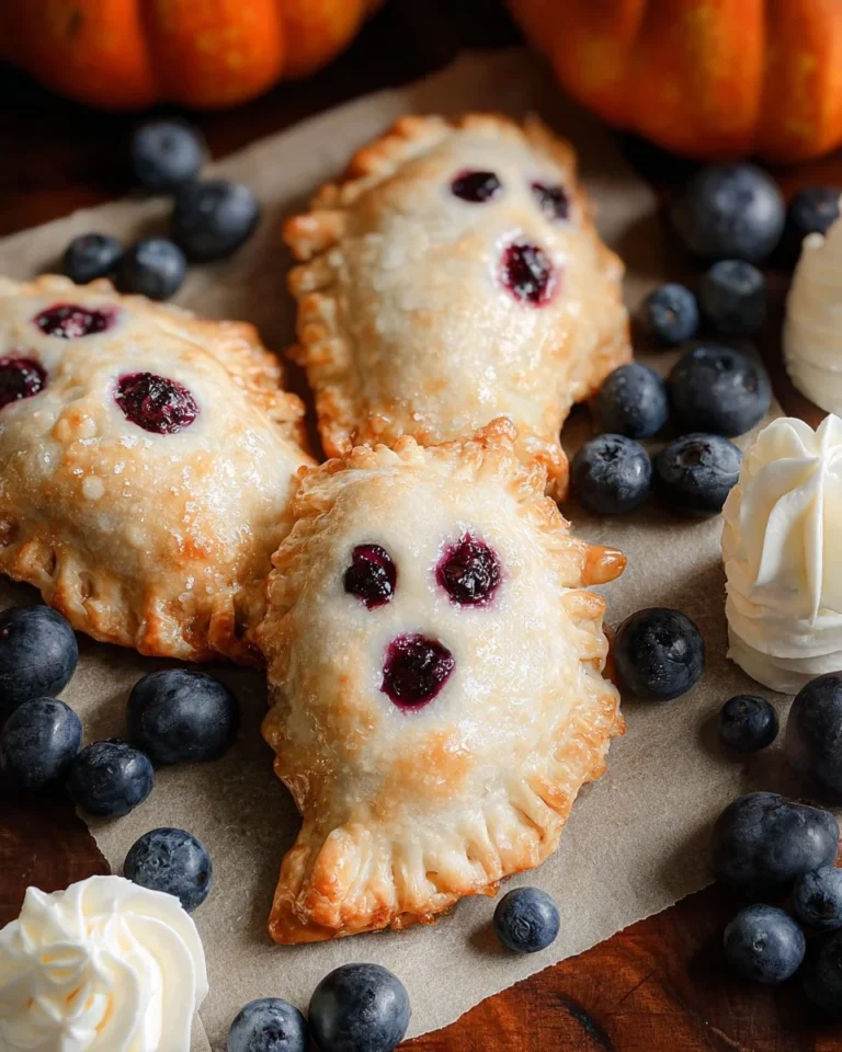 Vegan blueberry ghost hand pies decorated for Halloween