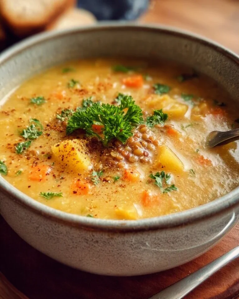 Bowl of delicious vegetarian lentil soup garnished with herbs and spices