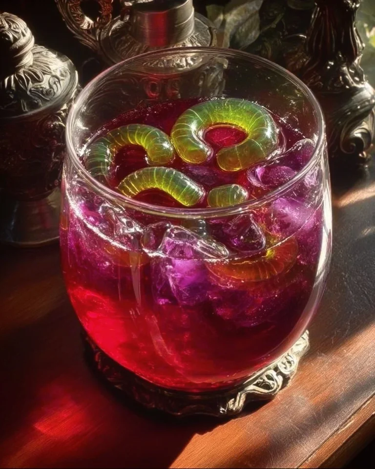 A vibrant Witch's Potion Punch served in a spooky themed glass.