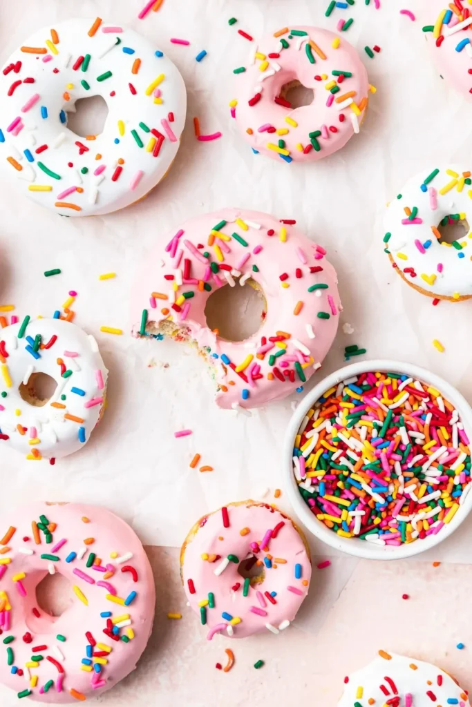 Baked Funfetti Donuts topped with colorful sprinkles for a festive treat