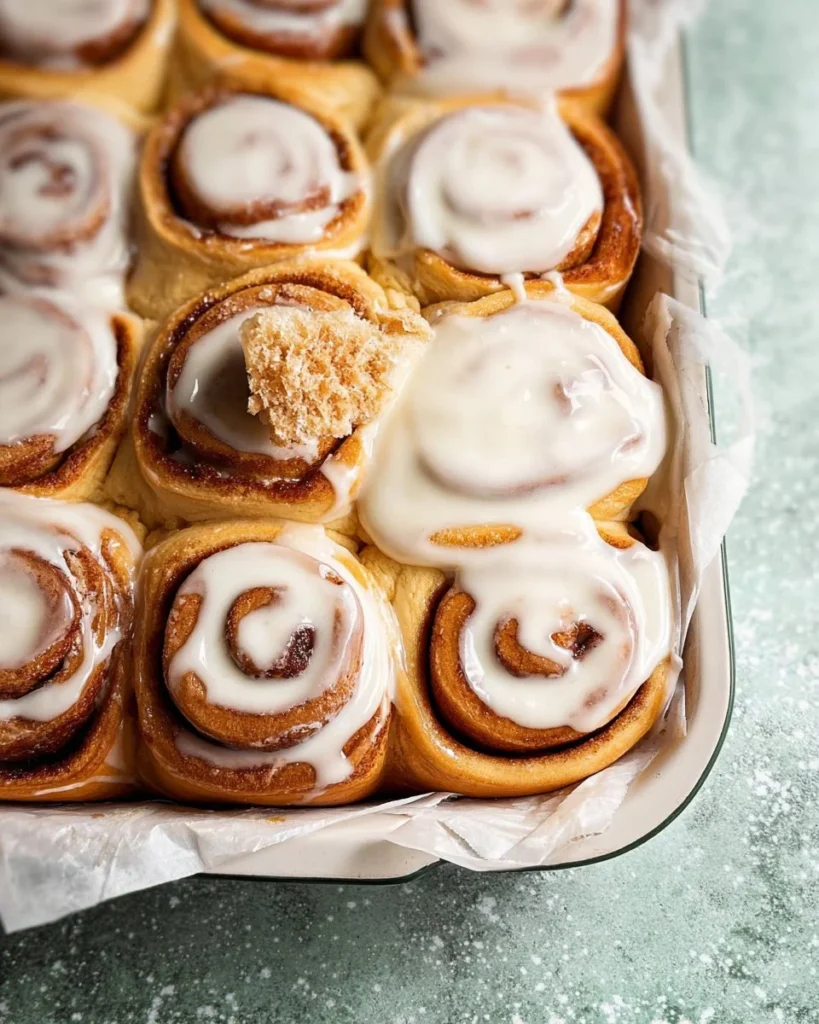 Brown Butter Eggnog Cinnamon Rolls topped with creamy frosting
