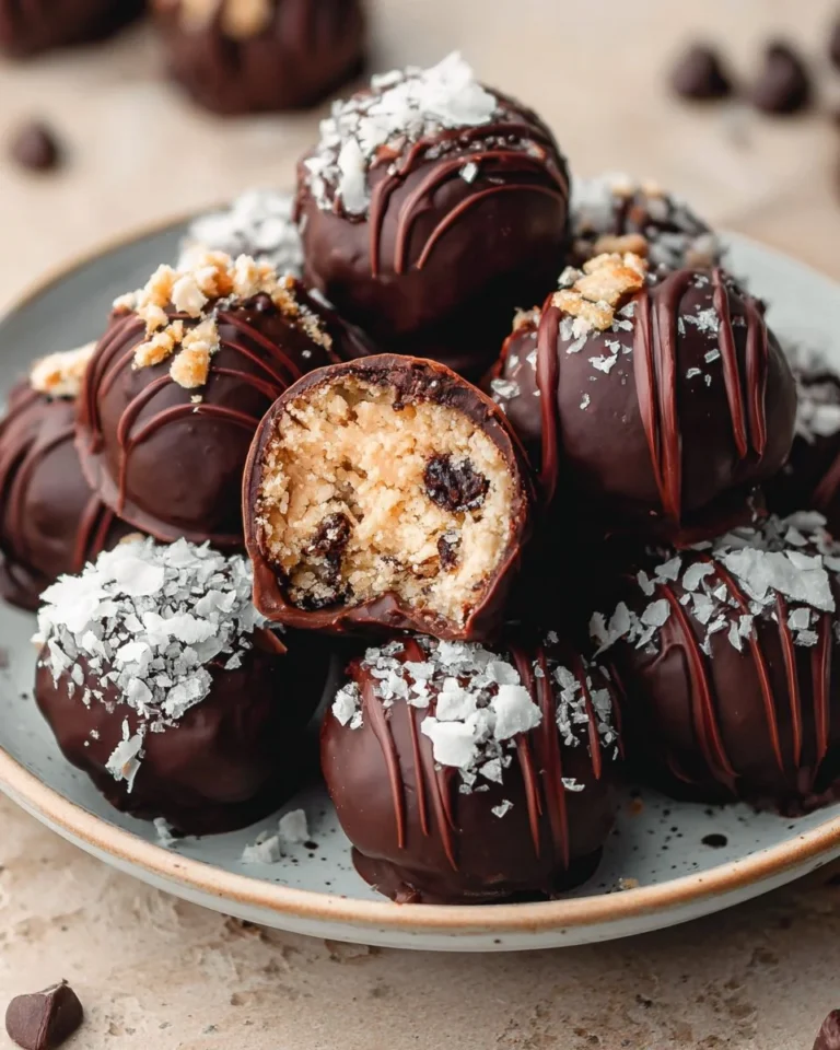 Chocolate covered cookie dough bites on a plate