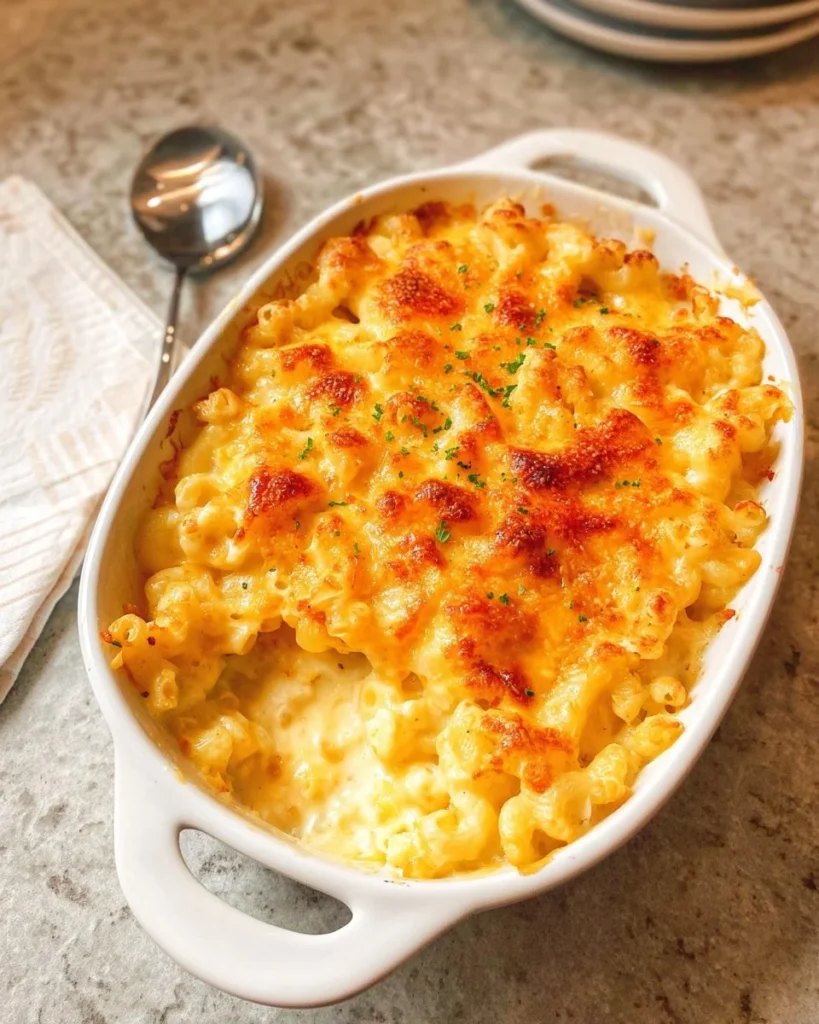 Classic baked mac & cheese dish with a golden crust and creamy texture.
